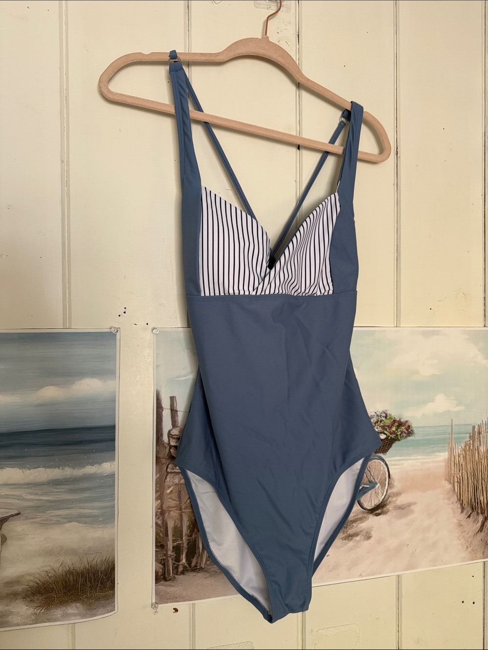 Blue One-Piece Swimsuit with Striped Bust